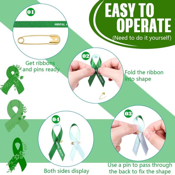 Hanaive 150 Pcs Mental Health Awareness Ribbons Green Satin Fabric Ribbons with Safety Pins Mental Health Awareness Items for Charity Public Social Event Welfare Supplies