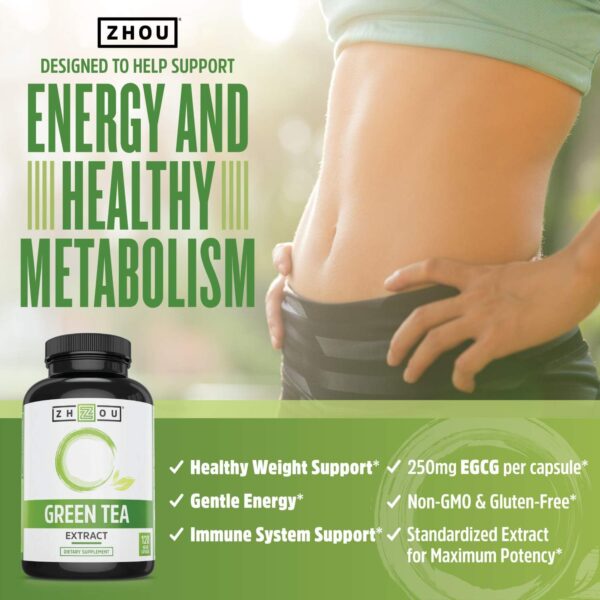 Zhou Green Tea Extract Capsules with EGCG, Natural Energy, Mental Focus, Immune Health, Antioxidant and Heart Support, Non-GMO, Vegan, Gluten Free, 120 Capsules