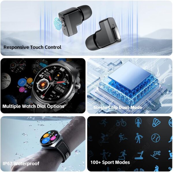 Smart Watch with Wireless Earbuds, Bluetooth Call Watches for Men 1.53" Steel Material Ultra-Thin Body 9D Sound Effects,Fitness Tracker Sports Watch, Compatible iPhone Android (96 Silver)
