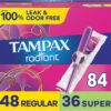 Tampax Radiant Tampons Multipack, Regular/Super Absorbency, with Leakguard Braid, Unscented, 28 Count x 3 Packs (84 Count Total)