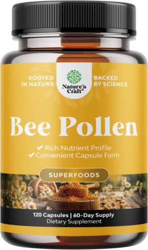 Bee Pollen Supplement 1000mg per Serving - Pure Bee Pollen Capsules with Naturally Occurring B Vitamins Minerals & Enzymes - Pills Made Vegetarian Non-GMO & Gluten Free (60 Servings)