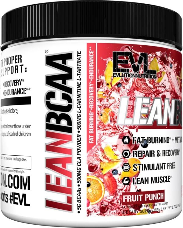 Evlution Stimulant Free Lean BCAA Powder Nutrition BCAAs Amino Acids Powder with CLA Carnitine and 2:1:1 Branched Chain Amino Acids Supports Muscle Recovery Fat Burn and Metabolism - Fruit Punch