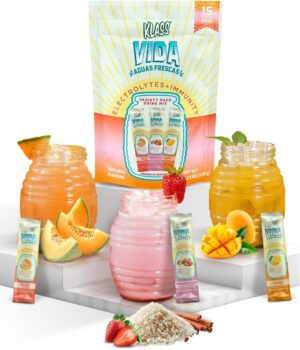 KLASS VIDA Hydration + Immunity Sugar-Free Powder Packets Mango, Horchata Fresa & Cantaloupe Electrolyte Agua Fresca Drink Mix Wellmune & Acerola Extract 15 Single Serve Sticks Low Calorie