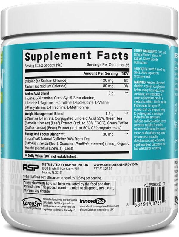 RSP NUTRITION AminoLean Natural Pre Workout Powder, Sucralose Free Amino Energy with No Artificial Dyes, Vegan BCAAs and Weight Management, Pineapple Coconut, 25 Serv