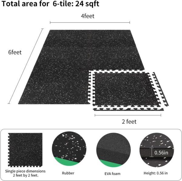 0.56in Thick 24 Sq Ft Gym Flooring for Home Gym, 6 Tiles Workout Exercise Equipment Mats, Rubber Top with EVA Foam, Interlocking Puzzle Floor Tiles for Fitness Room, Protective Flooring Mat