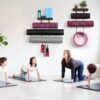 Bikoney Yoga Mat Holder Wall Mount Yoga Mat Storage Home Gym Accessories with Wood Floating Shelves and 4 Hooks for Hanging Foam Roller and Resistance Bands at Fitness Class or Home Gym Vintage Black
