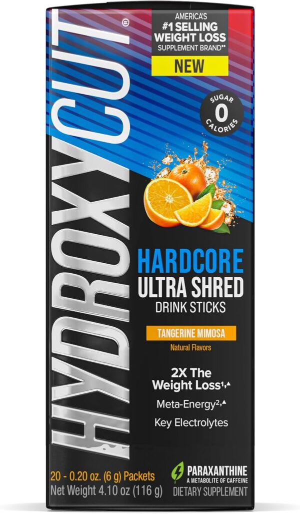 Hydroxycut Hardcore Ultra Shred Drink Sticks, Tangerine Mimosa - 20 Packets - Zero Sugar or Calories - Includes Paraxanthine & B Vitamins - for Women & Men