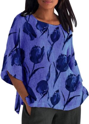 Linen Shirt for Women Crew Neck 3/4 Sleeve Tunic Blouses Casual Loose Fall T-Shirt Tops for Ladies Summer S-5XL