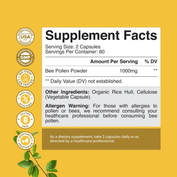 Bee Pollen Supplement 1000mg per Serving - Pure Bee Pollen Capsules with Naturally Occurring B Vitamins Minerals & Enzymes - Pills Made Vegetarian Non-GMO & Gluten Free (60 Servings)