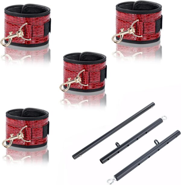 Spreader Bar Heavy Duty Stainless Steel Expandable Black Bar Home Gym with 4pcs Furry Purple Adjustable Strap,Sports Aid Training Fitness Gear Pilates Aid Kit,Yoga Set (Black+Red Crocodile PU Kit)