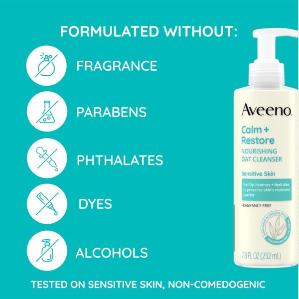 Aveeno Calm + Restore Facial Cleanser for Sensitive Skin, Hydrating Gentle Milky Face Cleanser with Nourishing Oat and Feverfew, Hypoallergenic Formula, Fragrance Free, 7.8 FL OZ