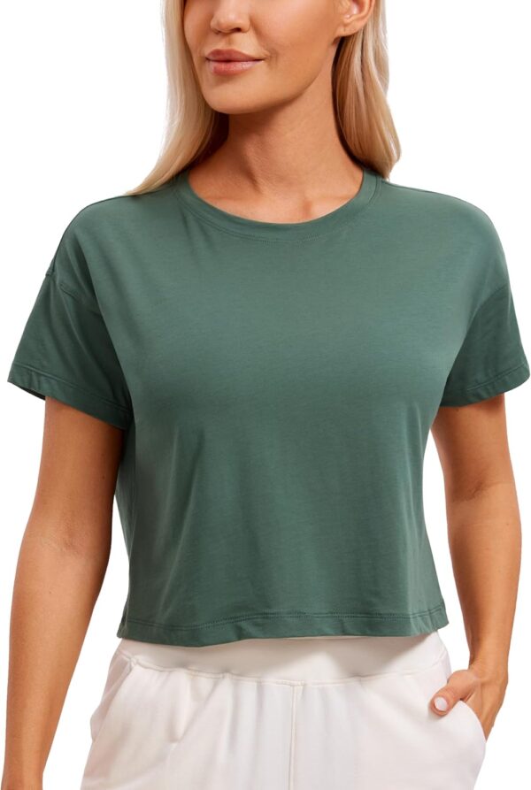 CRZ YOGA Women's Pima Cotton Workout Short Sleeve Shirts Loose Athletic Crop Tops Gym Casual Cropped T-Shirt