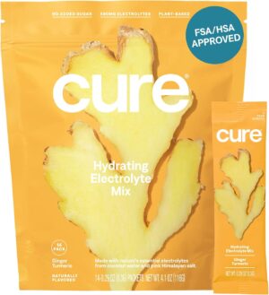 Cure Hydrating Electrolyte Mix | Powder for Dehydration Relief | Made with Coconut Water | No Added Sugar | FSA & HSA | Vegan | Paleo Friendly | Pouch of 14 Packets - Ginger Turmeric