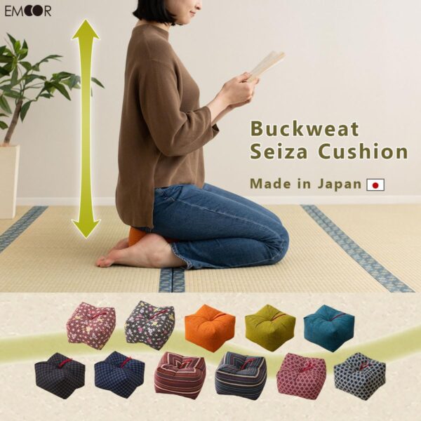 EMOOR Japanese Buckwheat Hulls Seiza Cushion Large 10x10x7in Made in Japan (Hemp-Leaves Blue), Natural Buckwheat Husks Sobagara Floor Sitting Pillow Tatami Cool Nap Side Sleepers