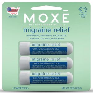 MOXE Migraine Relief Nasal Inhalers, Essential Oils for Headaches & Tension Relief, Portable Aromatherapy, Easy-to-Use, Pure & Undiluted, Peppermint, Spearmint, Eucalyptus, Tea Tree, USA Made, 3 Pack