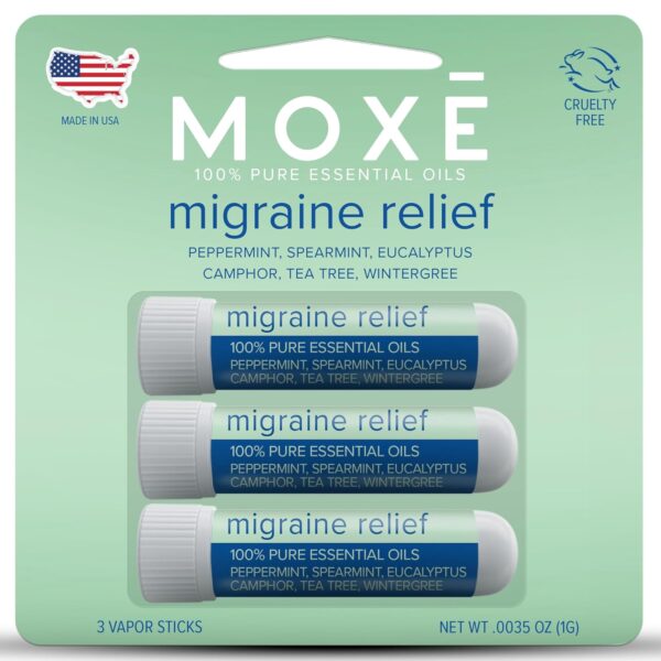 MOXE Migraine Relief Nasal Inhalers, Essential Oils for Headaches & Tension Relief, Portable Aromatherapy, Easy-to-Use, Pure & Undiluted, Peppermint, Spearmint, Eucalyptus, Tea Tree, USA Made, 3 Pack