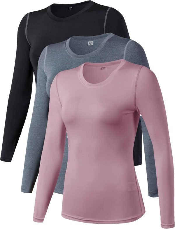 Women's 3 Pack Dry Fit Athletic Compression Base Layer Long Sleeve