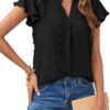 MEROKEETY Women 2025 Summer V Neck Ruffle Short Sleeve Blouse Swiss Dot Flowy Shirt Tunic Top