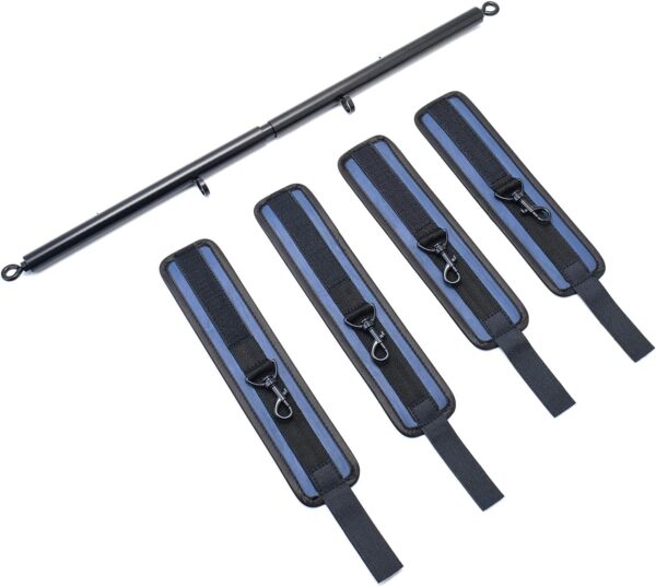 Spreader Bar Heavy Duty Stainless Steel Expandable Silver Bar Home Gym with 4pcs PU Purple Adjustable Strap,Sports Aid Training Fitness Gear Pilates Aid Kit,Yoga Set (Black+Blue PU Kit)