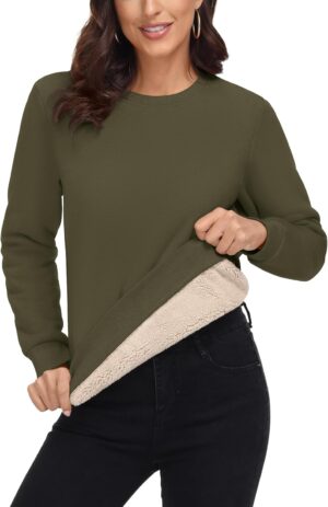 MAGCOMSEN Women's Sherpa Lined Sweatshirts Thermal Casual Crewneck Fleece Pullover Winter Warm Thick Long Sleeve Tops