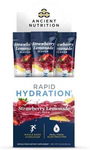 Ancient Nutrition Rapid Hydration Powder, Strawberry Lemonade, Electrolytes from Natural Sea Salts and Red Marine Algae, Supports Rapid Body Hydration and Cellular Health, 15 Servings