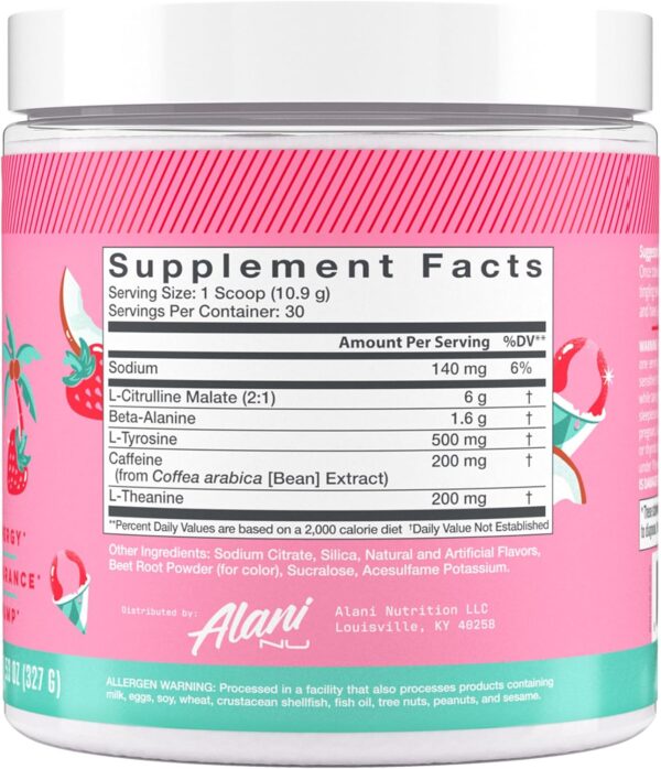 Alani Nu Pre Workout Powder Hawaiian Shaved Ice | Amino Energy Boost | Endurance Supplement | Sugar Free | 200mg Caffeine | L-Theanine, Beta-Alanine, Citrulline | 30 Servings