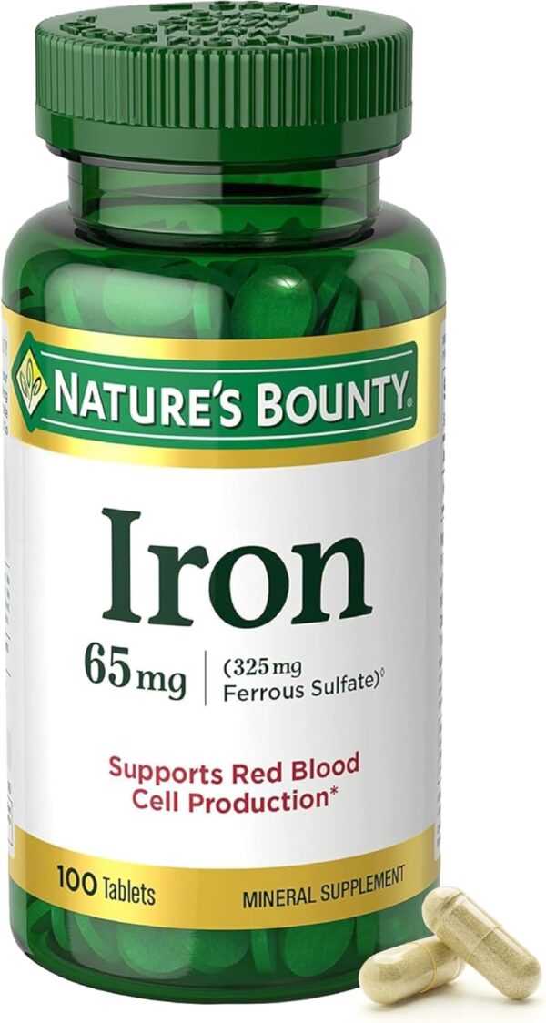 Nature's Bounty Iron 65mg, 325 mg Ferrous Sulfate, Cellular Energy Support, Promotes Normal Red Blood Cell Production, 100 Tablets