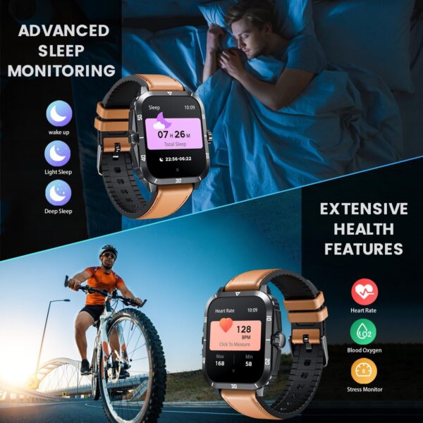 Smartwatch for Men Fitness Smart Watch: 2.0 inch Brown Watch with Bluetooth Call Answer - Android iOS Compatible Military 3ATM Waterproof 100+ Sports Digital Activity Tracker Heart Rate Sleep Monitor