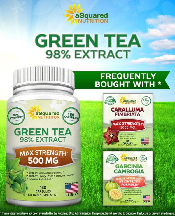 aSquared Nutrition Green Tea Extract Supplement with EGCG - 180 Capsules-Max Potency Fat Burner 500 mg Pills for Weight Loss, Boost MetabolismHeart Health, All-Natural Low Caffeine Diet Detox