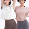 Loovoo Women's Open Back Workout Crop Tops Short Sleeve Yoga Shirts Cute Athletic Running Casual Backless Top Loose Fit