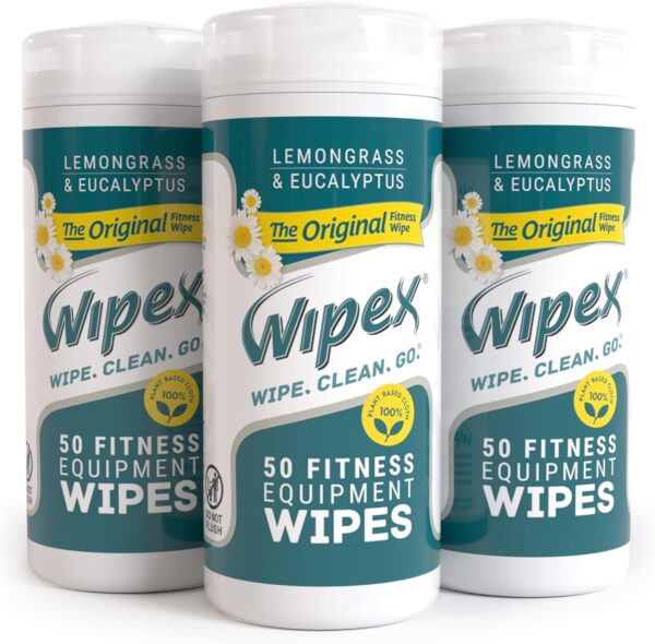 Wipex Original Fitness Equipment Wipes - Natural Plant Based Gym Wipes, Clean Surfaces at Home or Gym, Use as a Yoga Mat Cleaner, Peloton Cleaners - Lemongrass & Vinegar, 50 Count (Pack of 3)