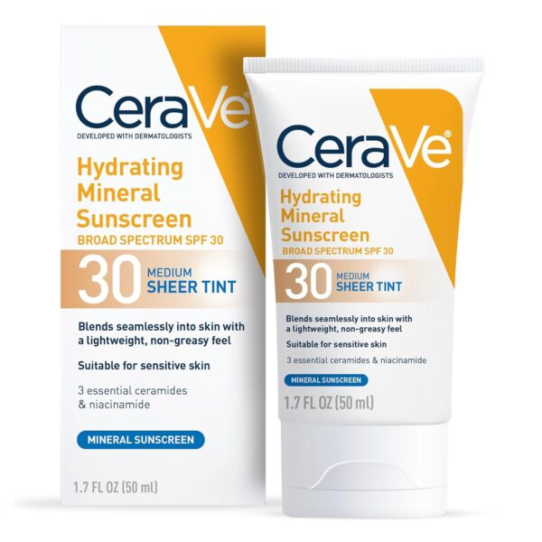 CeraVe Hydrating Mineral Sunscreen SPF 30 with Sheer Tint, Tinted Mineral Sunscreen with Zinc Oxide & Titanium Dioxide, Blends Seamlessly For Healthy Glow, Medium, 1.7 Fluid Ounce