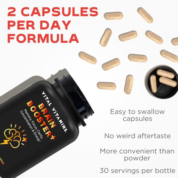 Vital Vitamins Nootropic Brain Supplement Plus - for Memory, Focus, Concentration, Neuro Energy, Clarity - with Lion's Mane Mushrooms - 60 Capsules