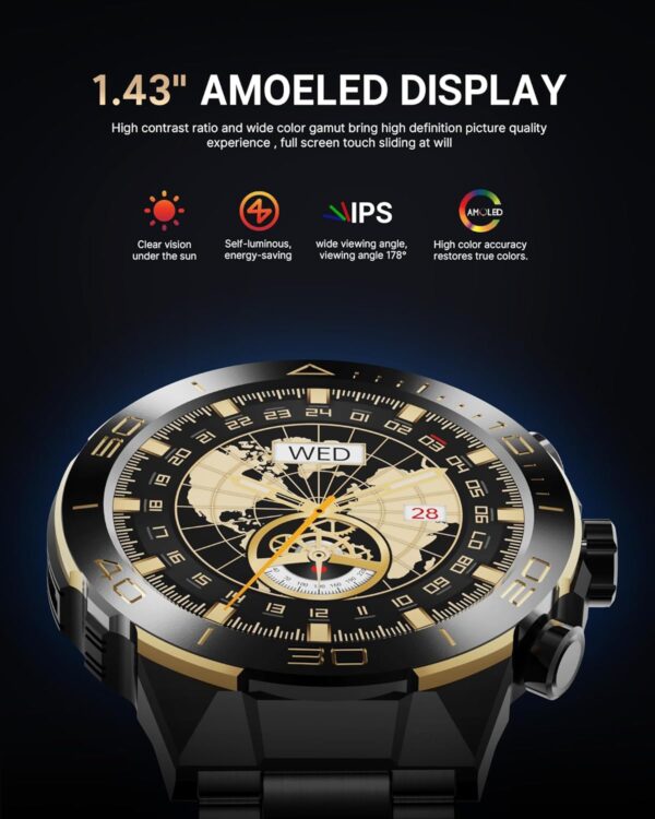 Smart Watch for Men Answer/Make Call for Android iPhone, 1.43" AMOLED HD Screen Mens Luxury Watch, 400mAh Heavy Duty Smartwatch Heart Rate Blood Oxygen Blood Pressure Sleep Monitor Pedometer, 2 Straps