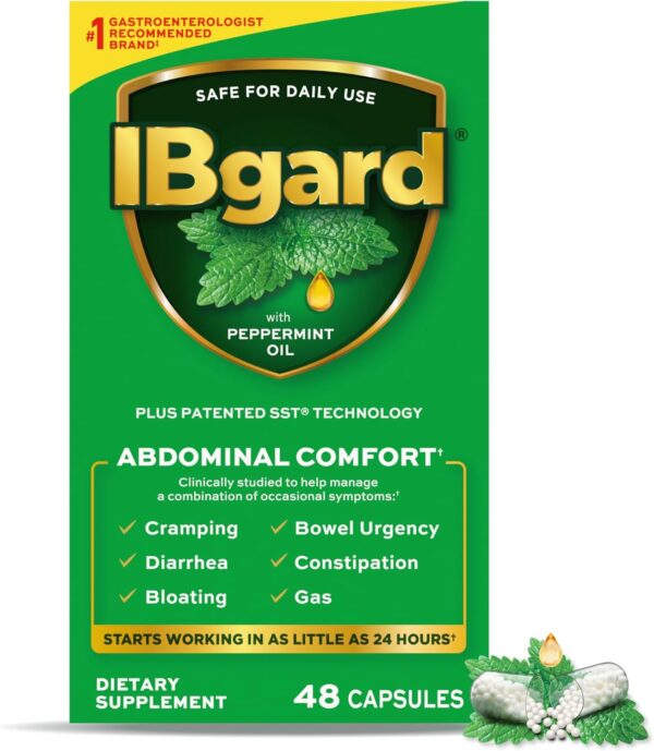 71JxcPh6DtL._AC_SL1500_.jpg IBgard Gut Health Supplement, Peppermint Oil Capsules for Abdominal Comfort, 48 Capsules (Packaging May Vary)