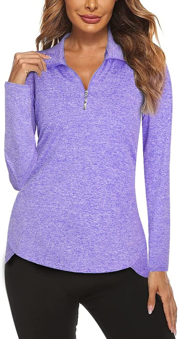 Koscacy Long Sleeve V Neck Half Zip Golf Pullover for Ladies Gym Training Outdoor Sports Workout Tennis Top, Purple Geometry