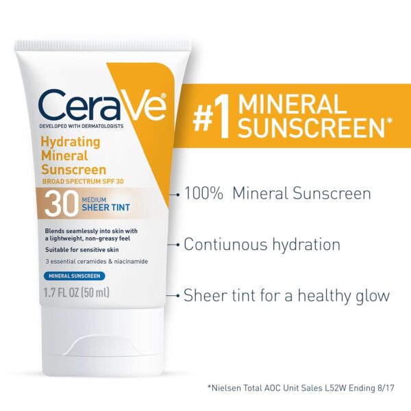 CeraVe Hydrating Mineral Sunscreen SPF 30 with Sheer Tint, Tinted Mineral Sunscreen with Zinc Oxide & Titanium Dioxide, Blends Seamlessly For Healthy Glow, Medium, 1.7 Fluid Ounce