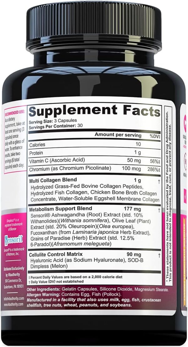 Multi Collagen Burn: Multi-Type Hydrolyzed Protein Peptides with Hyaluronic Acid, Vitamin C, SOD B Dimpless, Types I, II, III, V and X, Caffeine-Free (Unflavored Capsules)