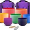 Set Of 7 PCS 440HZ 6-12 Inch Colored Frosted Chakra Quartz Crystal Singing Bowls Sound Healing Instrument with 2 PCS Travel Carry Case Bag for Meditation