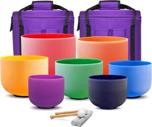Set Of 7 PCS 440HZ 6-12 Inch Colored Frosted Chakra Quartz Crystal Singing Bowls Sound Healing Instrument with 2 PCS Travel Carry Case Bag for Meditation