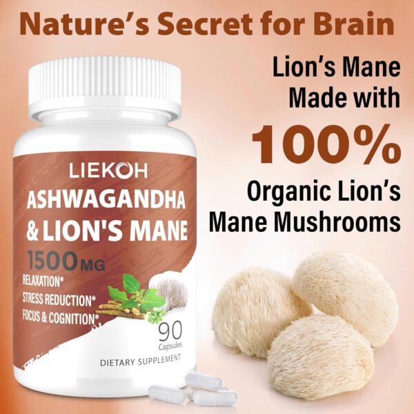 Ashwagandha & Lions Mane Supplement Capsules, 1500mg Powerful Brain Supplements for Memory and Focus, Immune & Relaxation, Mushroom Supplement with Rhodiola, Focus Supplement, 360Capsules