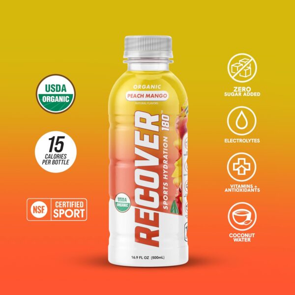 RECOVER 180 Organic Sports Hydration Drink, No Sugar Added, 15 Calorie Sports Beverage, Organic Flavors With Vitamins, Potassium-Packed Electrolytes (16.9 Fl Oz (Pack of 12), Peach Mango)