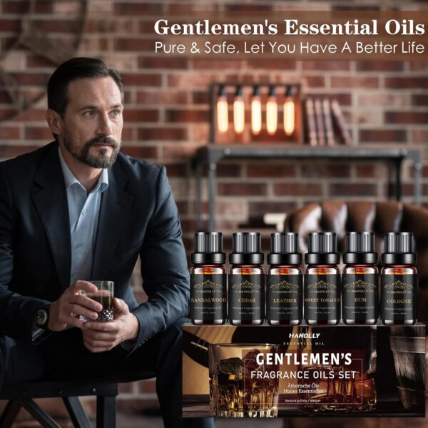 Essential Oils Set, Men Scents Fragrance Oil Aromatherapy Essential Oils Kit for Diffuser (6x10ML) - Sandalwood, Cedar, Leather, Sweet Tobacco, Rum, Cologne Aromatherapy Oils for Men, Gift for Men