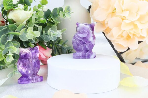 QINJIEJIE 2" Amethyst Owl Decor Crystals Stone Figurines Carved Gemstone Owls Statue Healing Home Room Sculpture Natural Lucky Owl Decorations Cute Purple Office Desk for Women Men