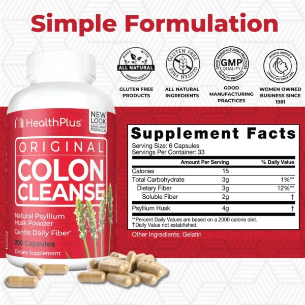 Health Plus Colon Cleanse Digestive Support | All Natural Daily Fiber for Toxin Elimination To Reduce Bloating | Supports Heart Health | 200 Capsules, 33 Servings