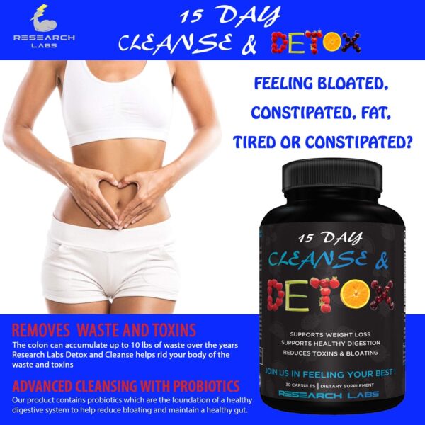 71KZmkvImTL._AC_SL1500_.jpg Research Labs 15 Day Colon Cleanse & Detox for Less Bloat Flat Tummy w/Probiotics - 2 Fer 1 - Constipation Relief - Flushes Toxins, Boosts Energy. Clinically Researched Safe and Effective Formula