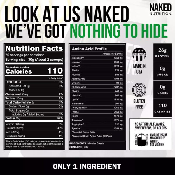 Naked Casein - 5Lb Micellar Casein Protein Powder - Bulk, GMO-Free, Gluten Free, Soy Free, Preservative Free - Stimulate Muscle Growth - Enhance Recovery - 76 Servings