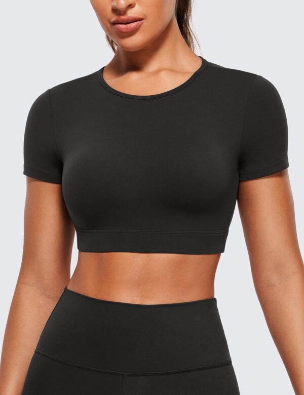 71KfDcyUUkL._AC_SL1500_.jpg CRZ YOGA Womens Butterluxe Double Lined Open Back Crop Tops Backless Short Sleeve Workout Shirts Casual Tight T-Shirts