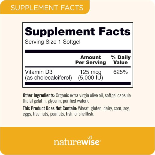NatureWise Vitamin D3 5000iu (125 mcg) 200-Day Supply for Immune Support, Healthy Muscle Function, and Bone Health - Non-GMO, Gluten Free in Organic Extra Virgin Olive Oil, (Mini Softgel), 200 Count