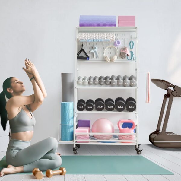 56'' Taller Home Gym Storage Organizer, Yoga Mat Storage Rack with Hanging Board, Exercise Workout Equipment Storage Stand for Home Gym, Dumbbell Holder Kettlebell Rack with Wheels and Hooks